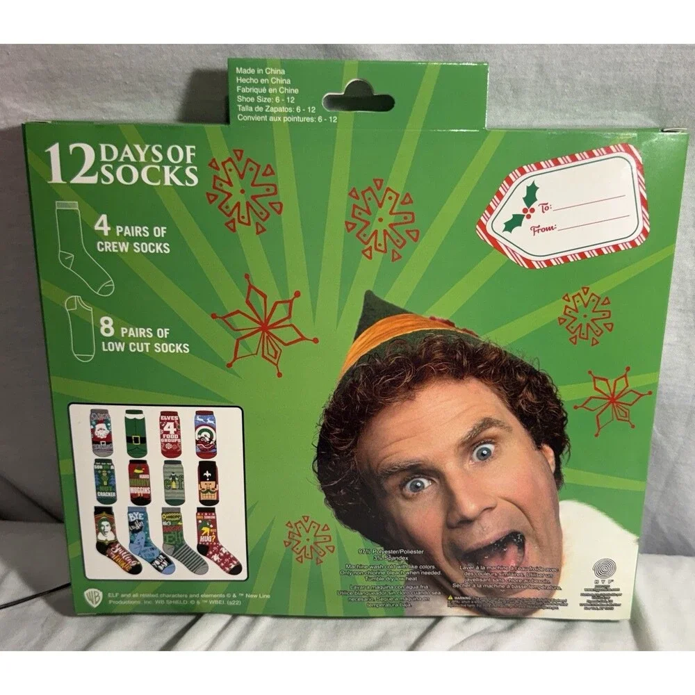 NEW NWT Elf 12 Days of Socks Christmas Advent Calendar Mens Womens Size 6-12